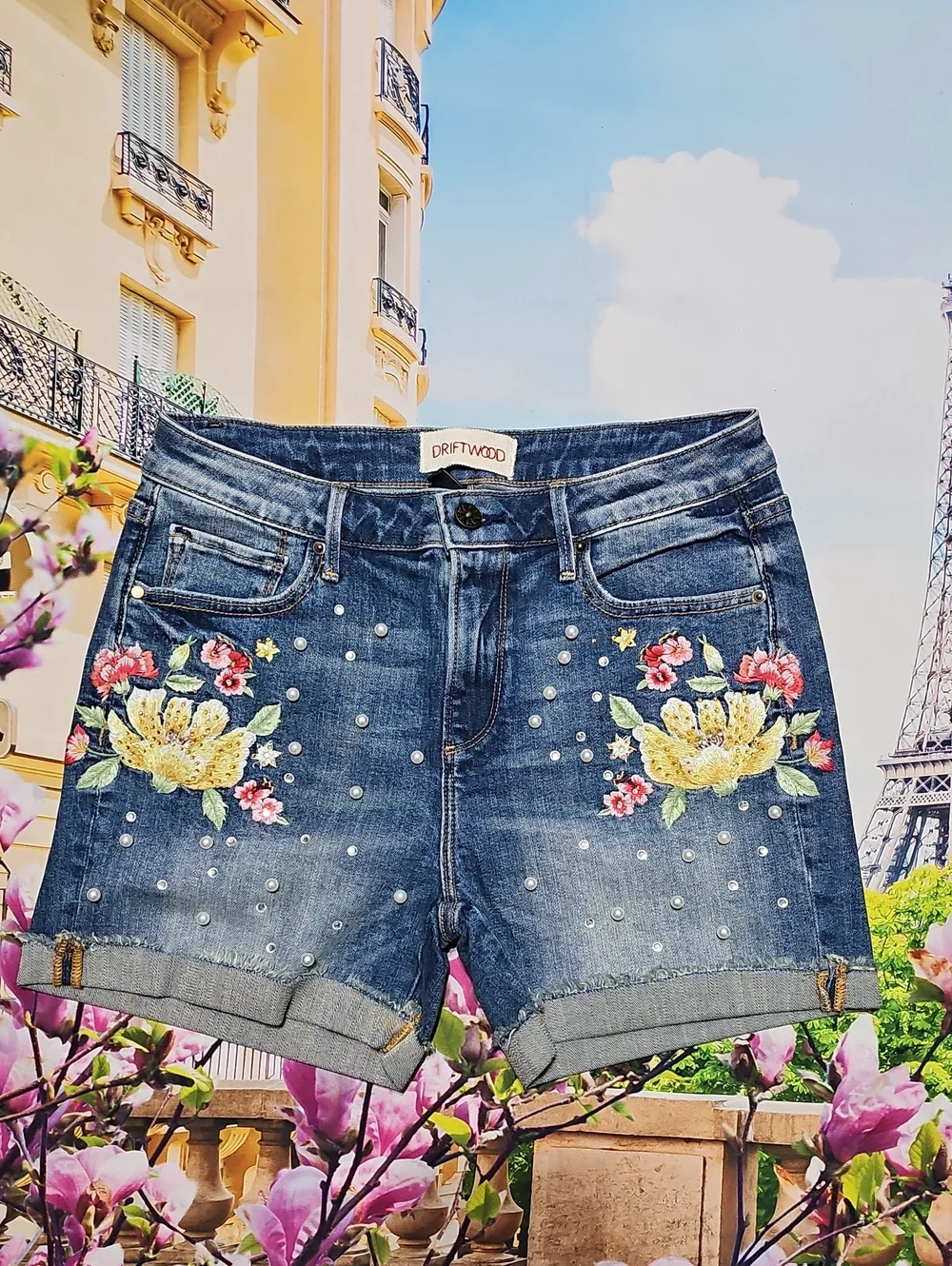 DRIFTWOOD Blue Denim Shorts with Floral Embroidery and Pearls Size 26